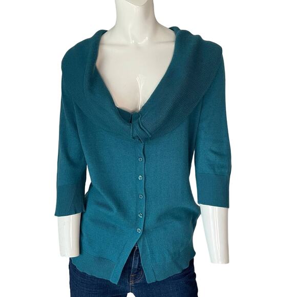 SOFT SURROUNDINGS Cardigan Sweater Small Teal Blue Off Shoulder Cowl Neck - Picture 3 of 12